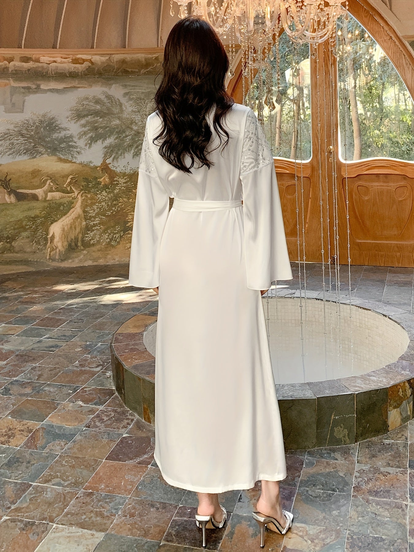 Sequin Satin Lounge Robe V Neck Long Sleeve Home Robe