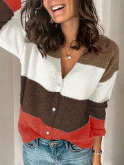  Colorblock Button Up Cardigan Long Sleeve