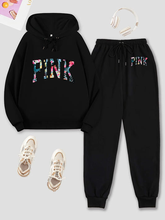 Letter Print Hoodies & Jogger Pants Set Solid Long Sleeve