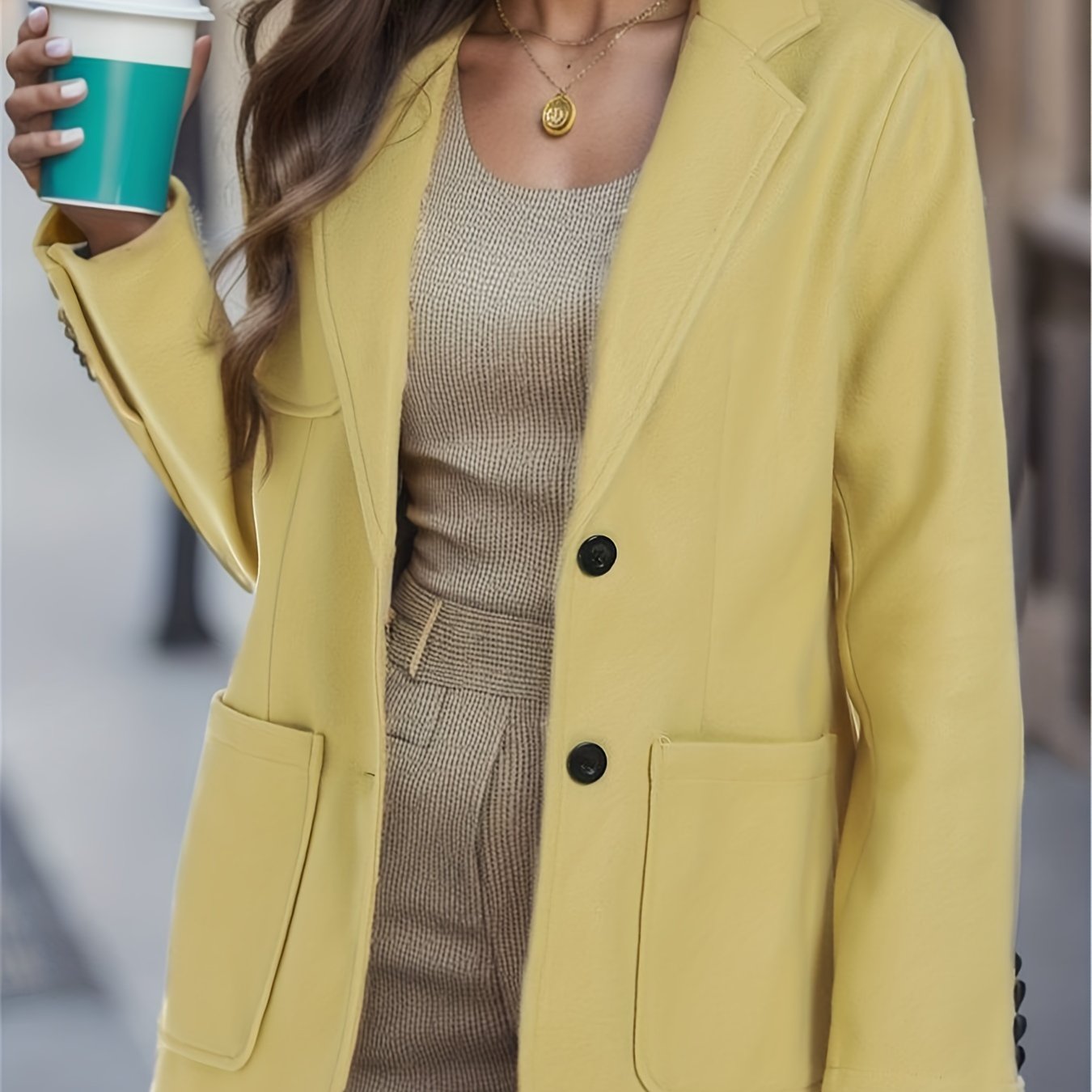 Solid Patched Pockets Lapel Blazer Coat Long Sleeve Loose Blazer Outerwear