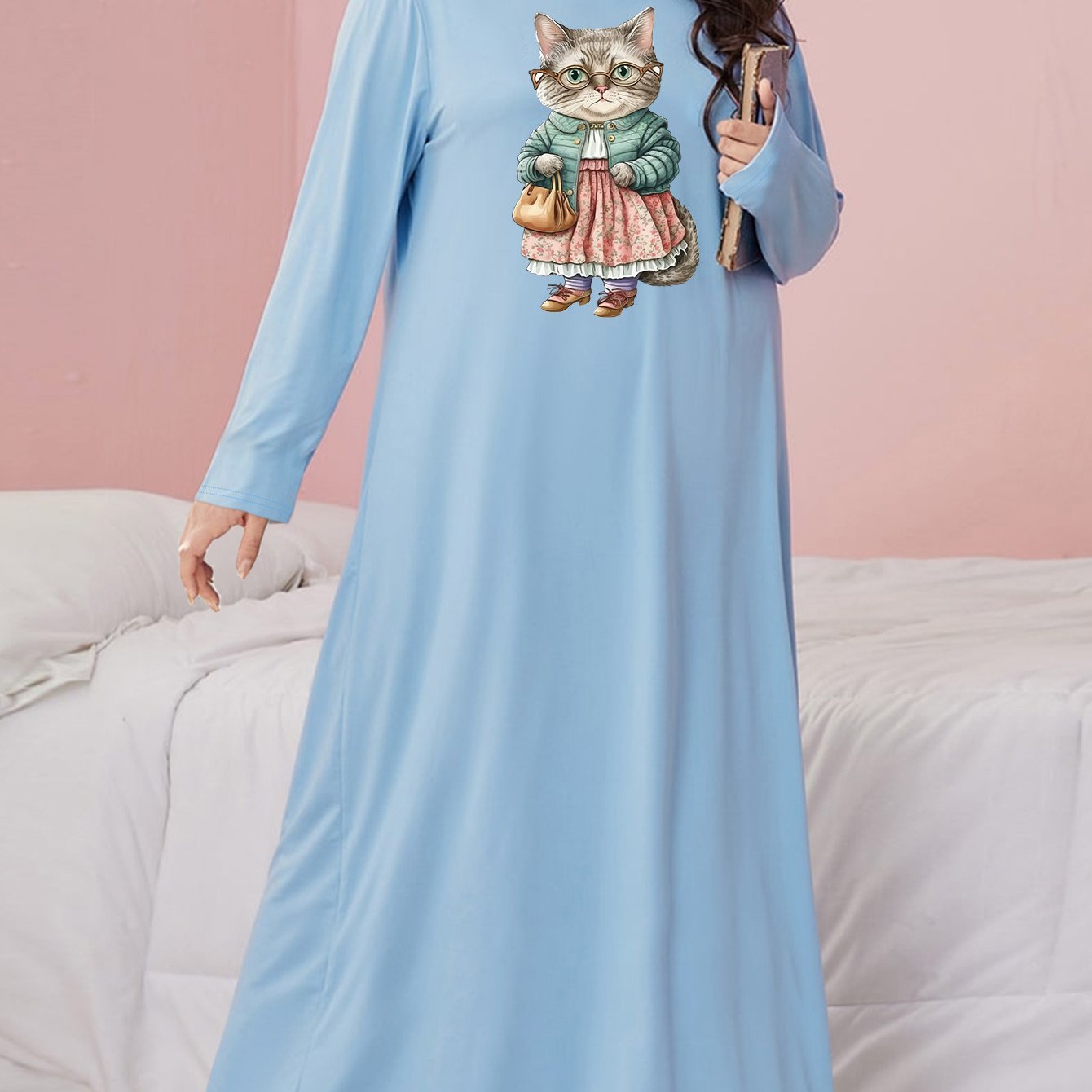  Cat Print Nightdress Long Sleeve Round Neck Loose Fit Sleep Dress