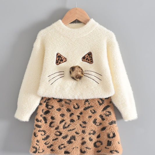 Kids Animal Pattern Sweater and Skirt Set