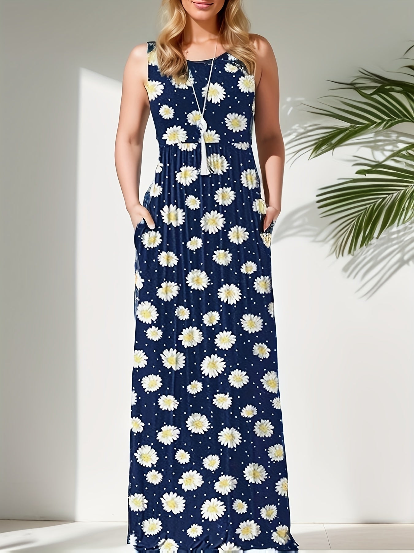 Women's Plus Daisy Print Maxi Tank Dress With Pockets