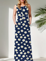 Women's Plus Daisy Print Maxi Tank Dress With Pockets