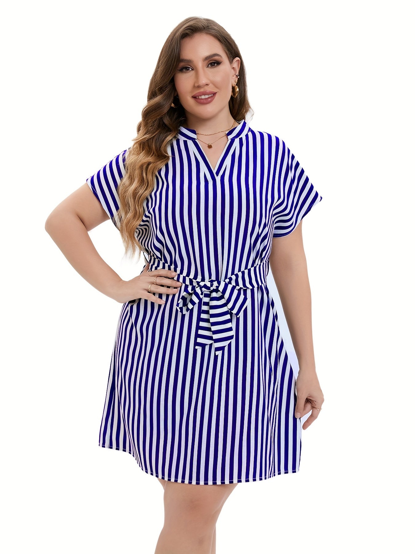  Striped Print V Neck Midi Dress