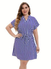  Striped Print V Neck Midi Dress