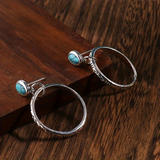 Vintage Flower Pattern Hoop Earrings with Colorful Gems