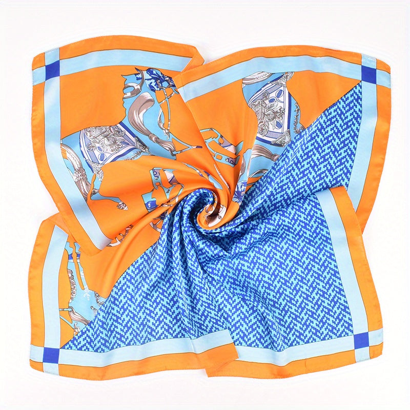 Horse Print Square Scarf Block Bandana Satin Shawl Silk Neckerchief