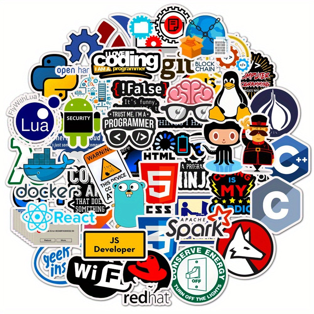 50pcs Cartoon Programmer Stickers Waterproof Vinyl Tech Designs for Water Bottle