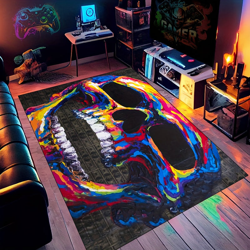 Colored Skeleton Head Area Rug Halloween Theme Floor Carpet Non Slip