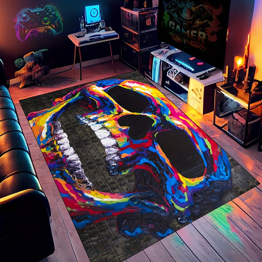 Colored Skeleton Head Area Rug Halloween Theme Floor Carpet Non Slip