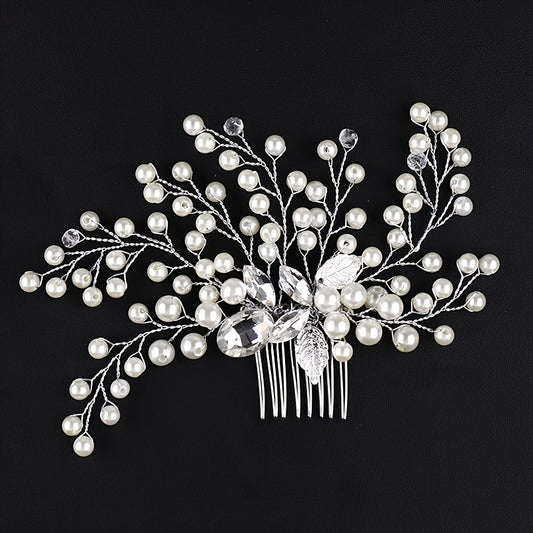 Silver Faux Pearl Crystal Wedding Hair Comb Headband for Bride