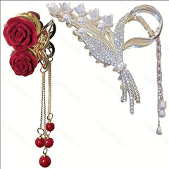Faux Pearl Tassel Hair Clip Flower Rhinestone Gift
