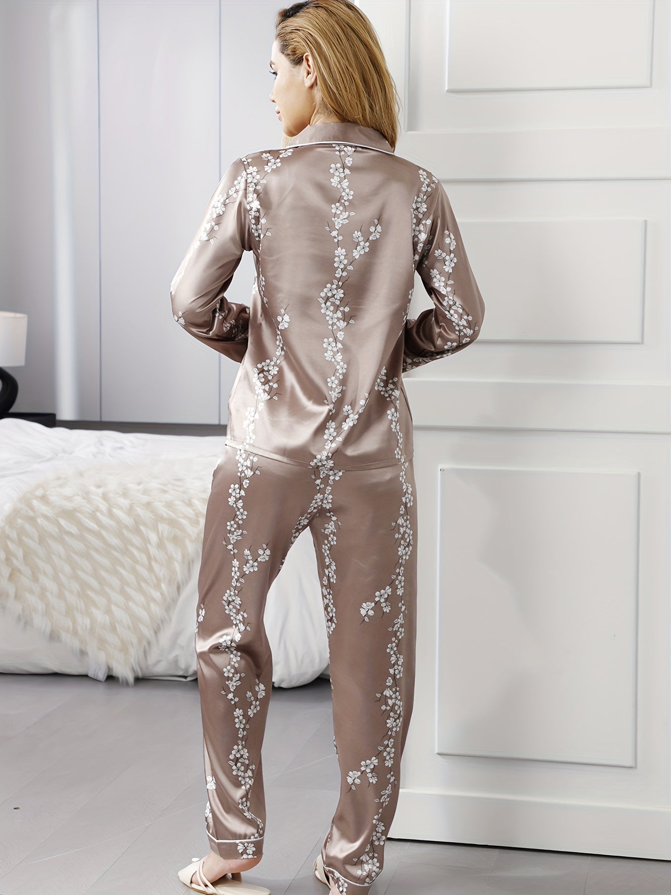 Floral Print Pajama Set Long Sleeve Top & Pants Women's Sleepwear