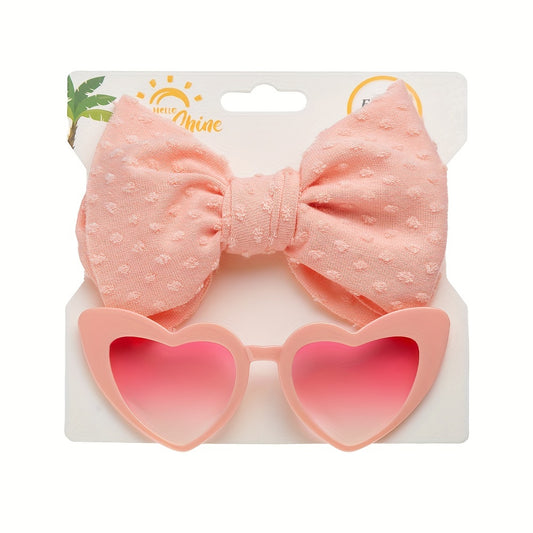 Girls Nylon Bow Headband & Heart Shaped Sunglasses Set