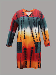  Colorblock Tie Dye V Neck Midi Dress