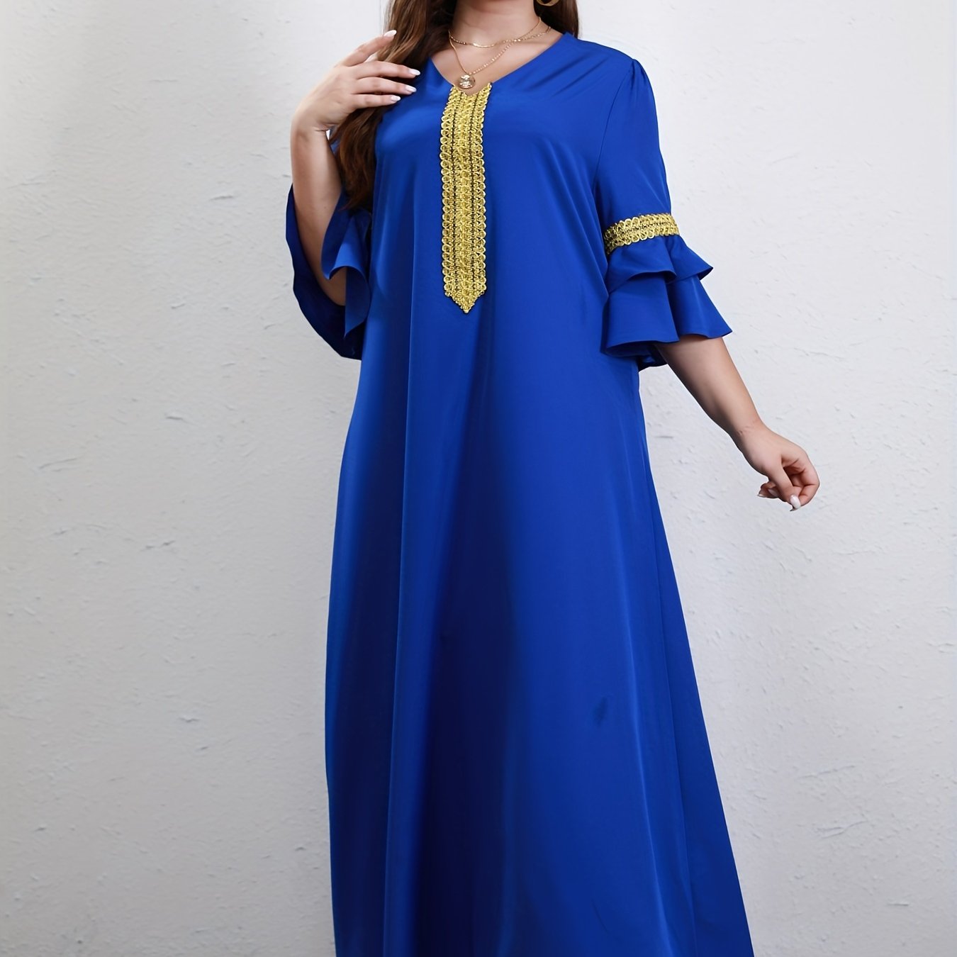  Ramadan Kaftan Dress Solid Contrast Lace Ruffle Sleeve V Neck