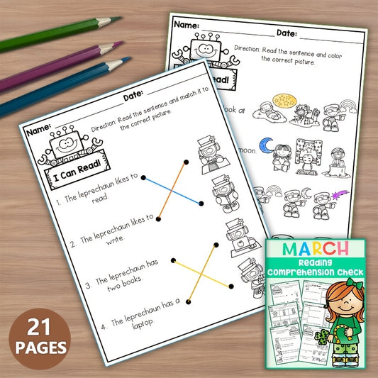 March Reading Comprehension Worksheets for Early Learners Green Paper