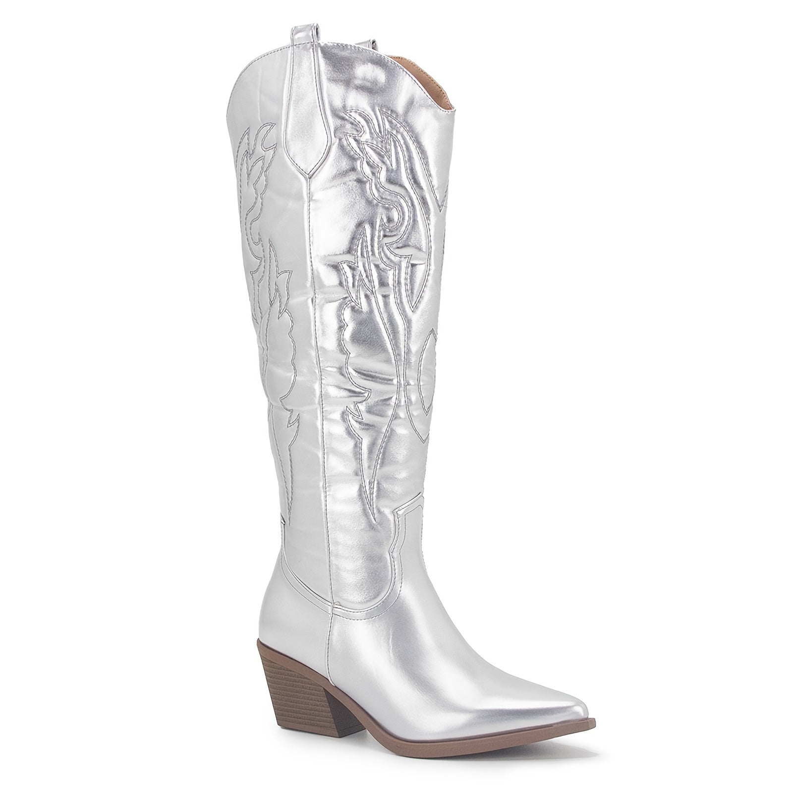 Embroidered Knee High Boots Pointed Toe Chunky Heel Western Shoes