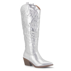 Embroidered Knee High Boots Pointed Toe Chunky Heel Western Shoes