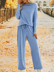 Autumn Loose 2pc Set: Round Neck Shirt & Wide Leg Pants