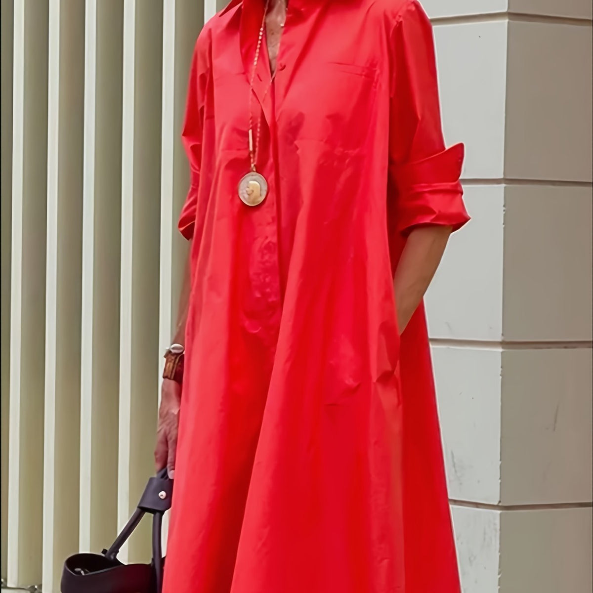 Solid Pocket Dress Long Sleeves V neck Mid length Dress