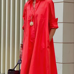Solid Pocket Dress Long Sleeves V neck Mid length Dress