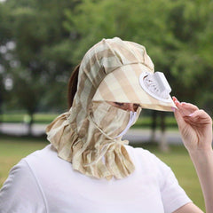Plaid Print Fan Sun Hat with Neck Gaiter and Face Covering