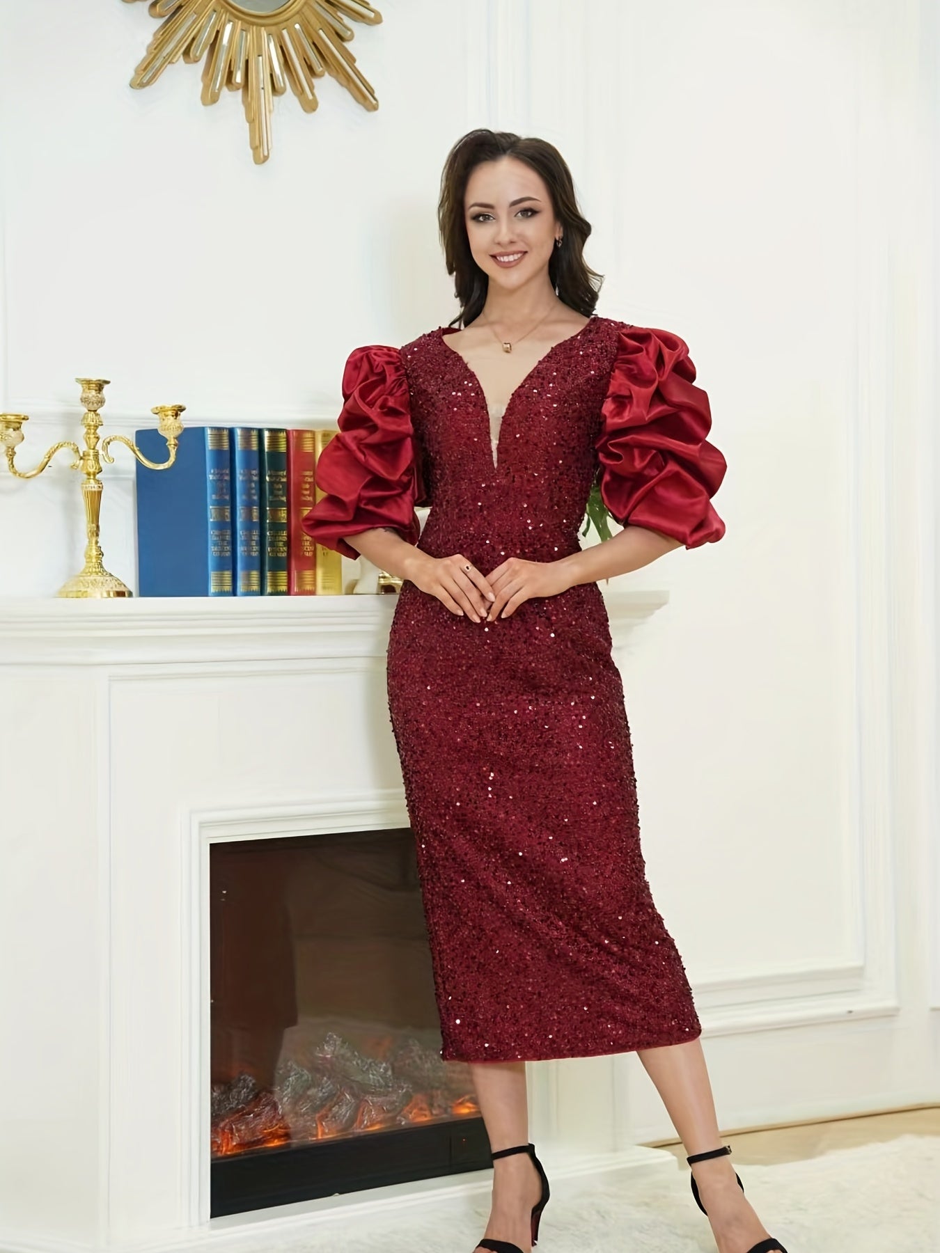 Sequined Bridesmaid Dress V neck Dress For Wedding Party