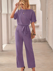 Solid Crew Neck Short Sleeve Jumpsuit High Waist Wide Leg Long Length With Belt