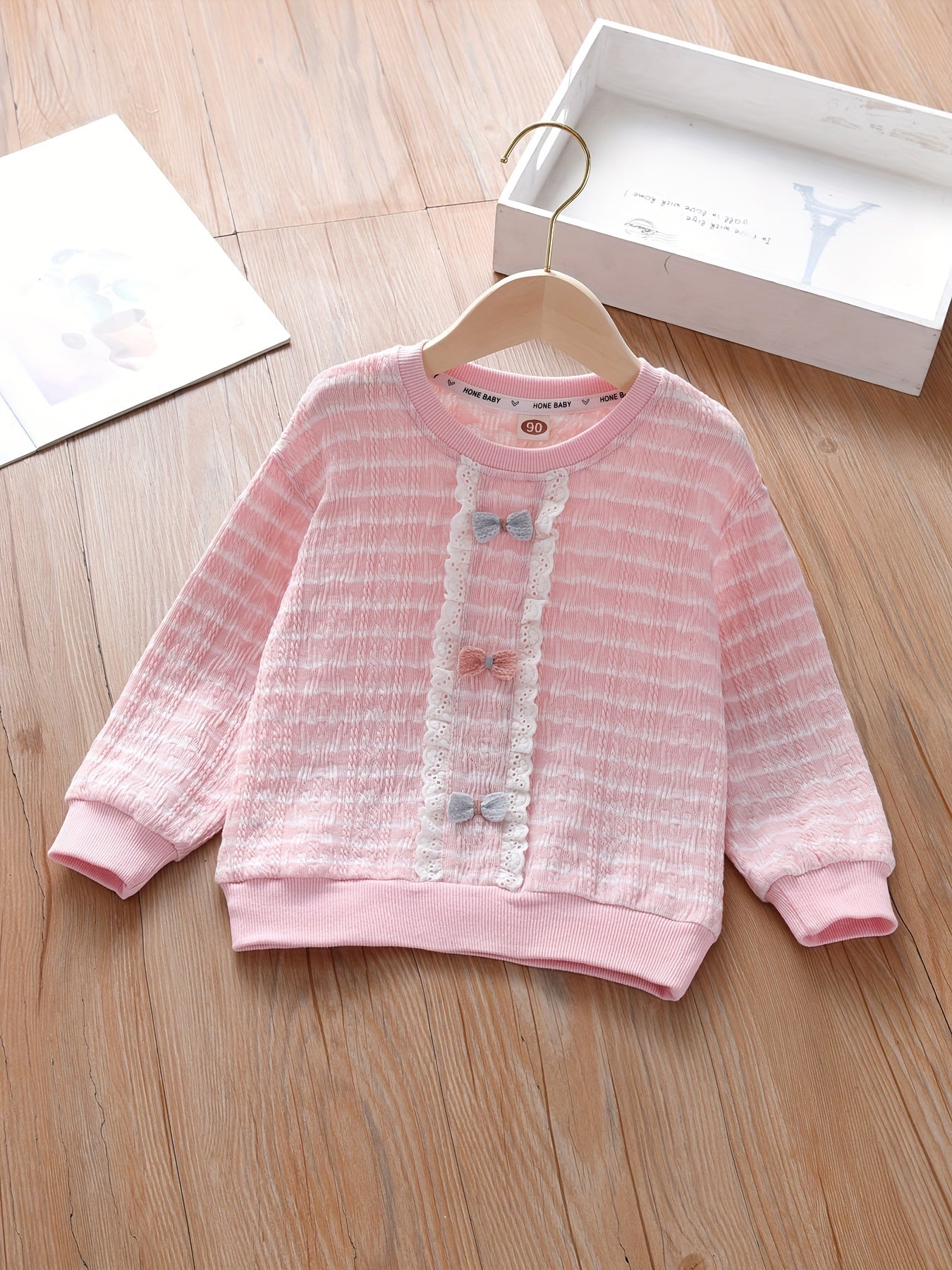 Girls' Lace Bow Front Crew Neck Pullover Sweatshirt Top
