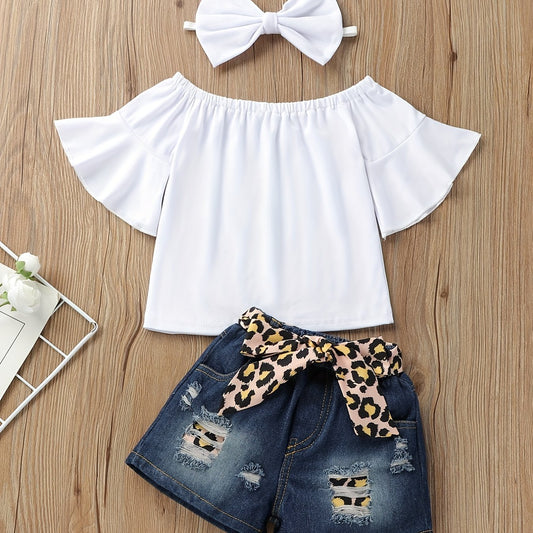 3pc Girls Off Shoulder Top & Denim Jeans Set + Headband