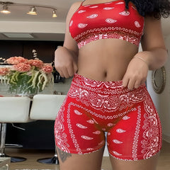 Paisley Print Two piece Set Crop Cami Top & Slim Shorts