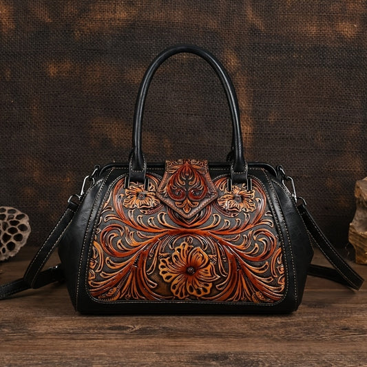 Vintage Floral Embossed Tote Bags Brown Red Green w/ Removable Straps