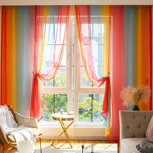 Colorful Rainbow Sheer Curtains for Bedroom Decor