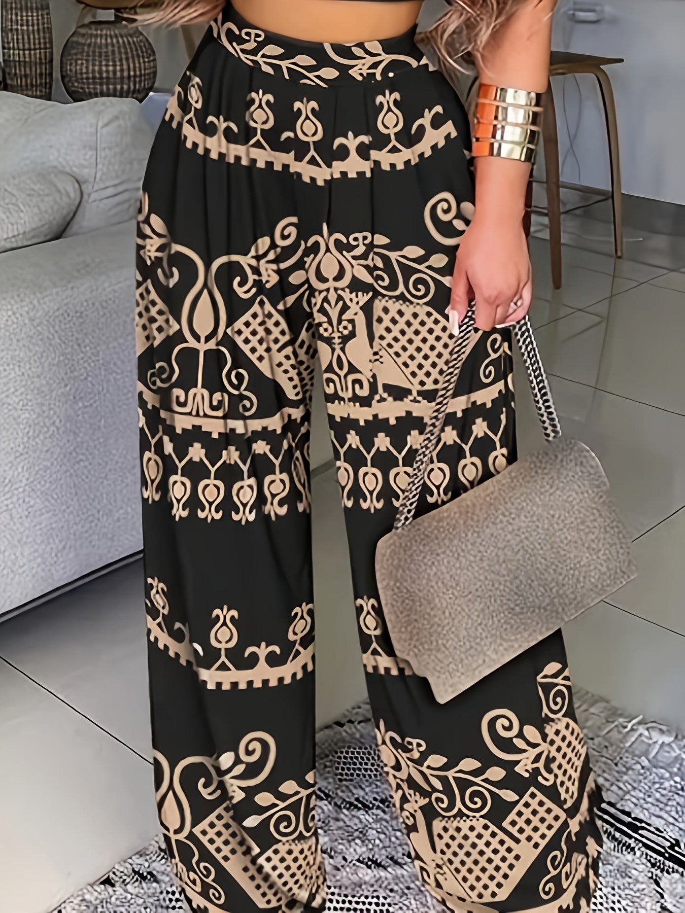  Tribal Print High Rise Wide Leg Trousers