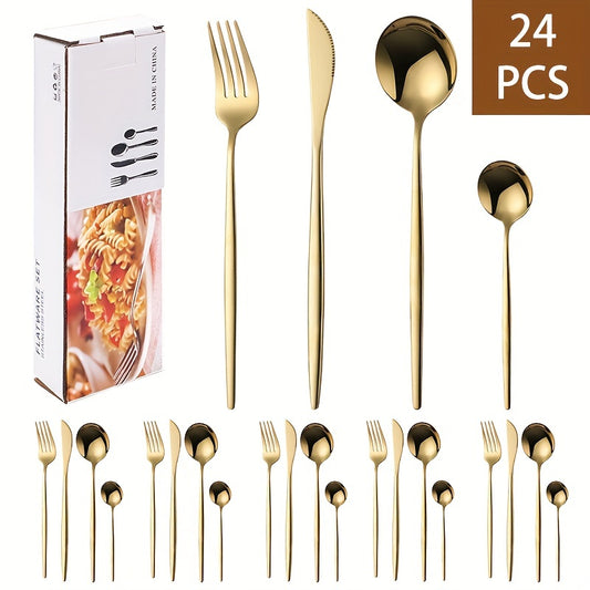 24pcs Stainless Steel Cutlery Set Thin Portuguese Steak Fork Spoon Plated