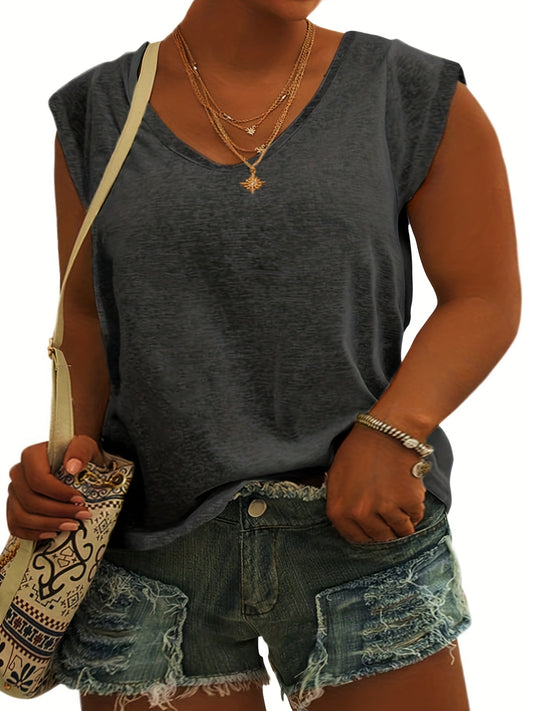  Casual Tank Top Women's Plus Plain Cap Sleeve V Neck Basic Tank Top