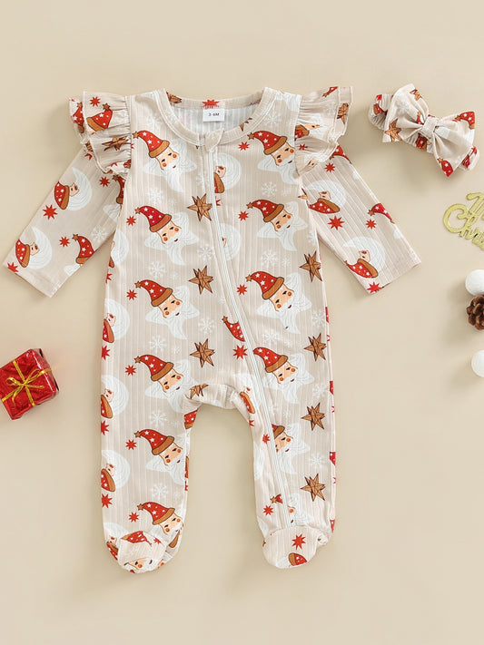 Christmas Baby Girls Hat Print Jumpsuit Set