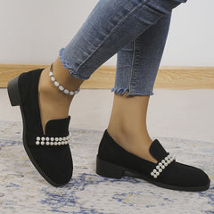 Retro Pearl Loafers Chunky Heel Shoes