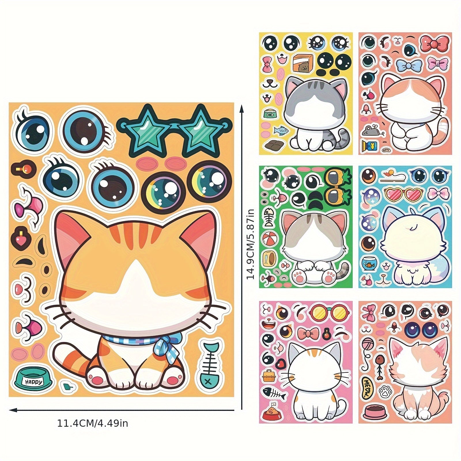 Cat Stickers Set - 8 Sheets Removable Self Adhesive Cartoon Decals