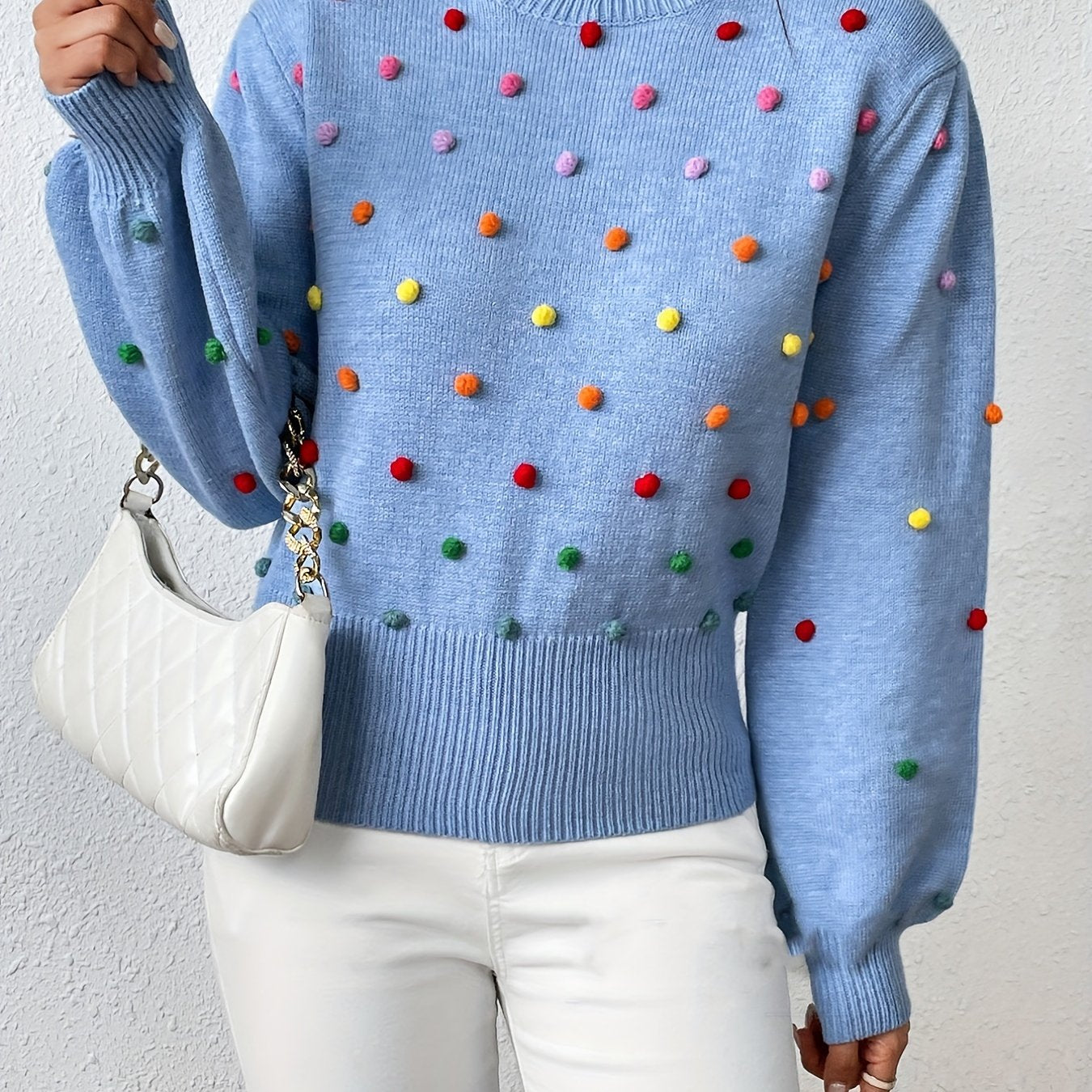  Colorful Thread Ball Decor Lantern Sleeve Mock Neck Sweater