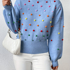  Colorful Thread Ball Decor Lantern Sleeve Mock Neck Sweater