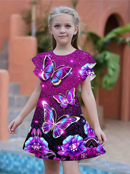 Butterfly Graphic Dress Girls Short Sleeve Summer Party Gift