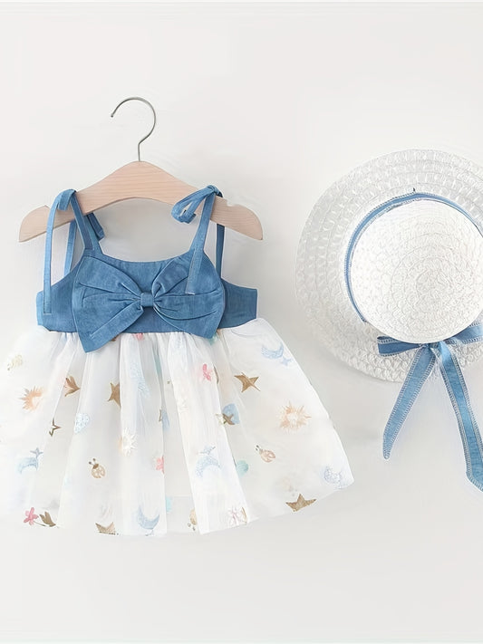 2pcs Girls' Bow Front Sundress And Beach Hat Set For Beach Party