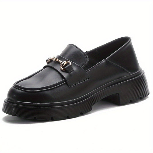 Women's Chunky Heel Loafers Buckle Round Toe Slip-On Shoes
