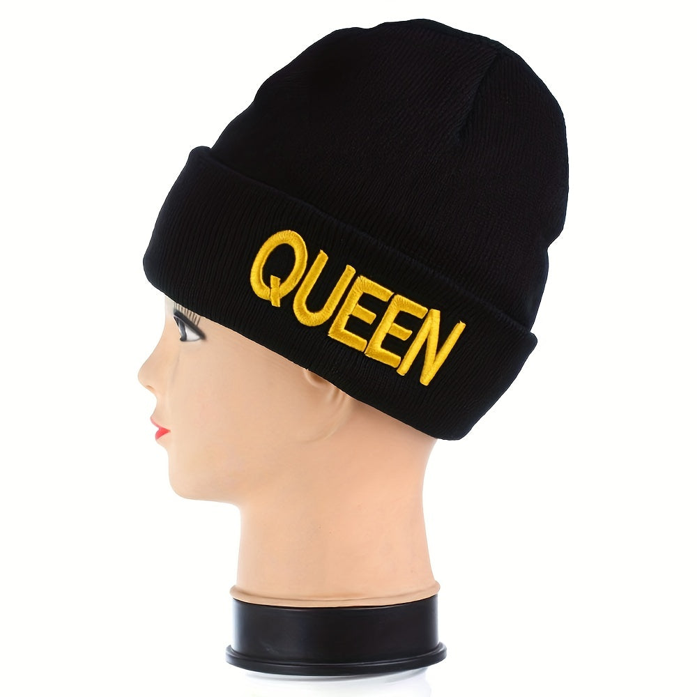 KING QUEEN Embroidery Beanie Solid Couple Knit Hat Elastic Skull Cap