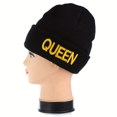 KING QUEEN Embroidery Beanie Solid Couple Knit Hat Elastic Skull Cap