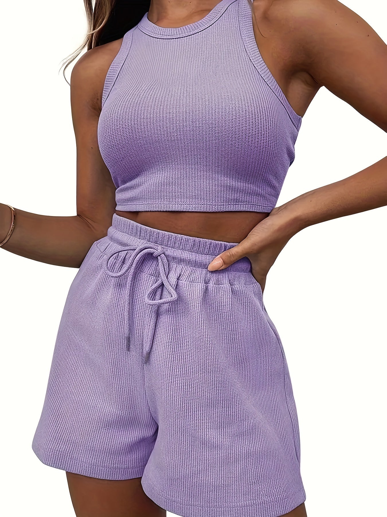 Rib Knit Crop Top & Drawstring Shorts Set, Casual Sports Suit