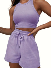 Rib Knit Crop Top & Drawstring Shorts Set, Casual Sports Suit